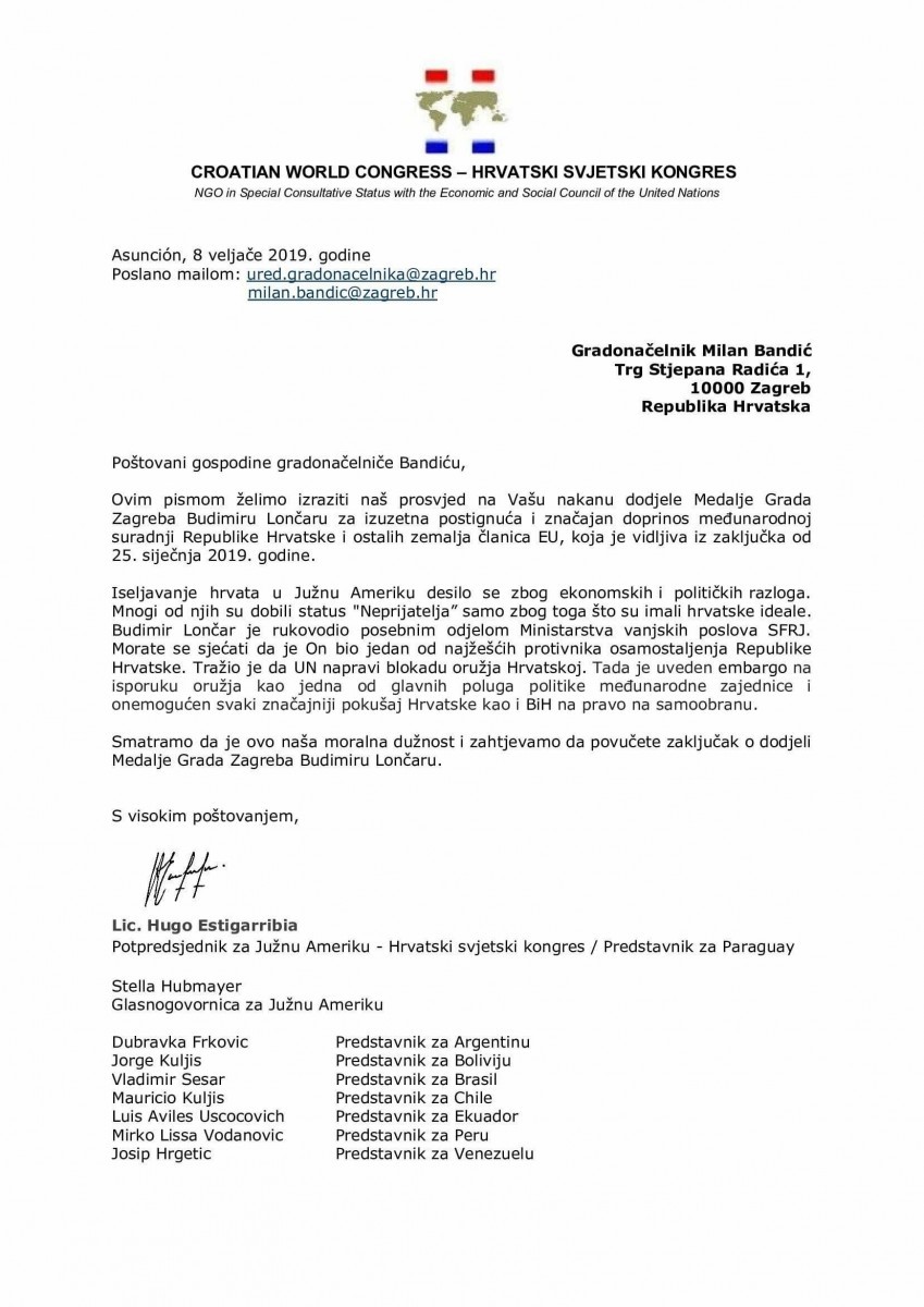 PROSVJEDNO PISMO IZ JUŽNE AMERIKE M.BANDIĆU: Povucite zaključak o dodjeli Medalje grada Zagreba Budimiru Lončaru, protivniku osamostaljenja Hrvatske zzzz_HSK JA