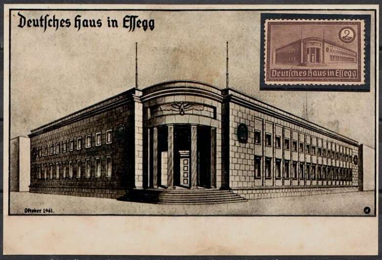 Filatelija Nezavisne Države Hrvatske: Hrvatske iseljeničke marke u službi promicanje hrvatske neovisnosti Deutsches Haus in Esseg - razglednica - 2 Kune