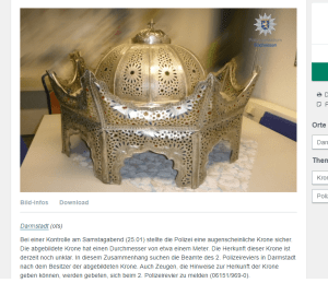 (FOTO) DARMSTADT: Policija pronašla neobičan predmet - traže vlasnika Policija je objavila fotografiju pronađene krune