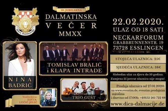 10. DALMATINSKA VEČER: U subotu u Esslingen dolaze Nina Badrić, Tomislav Bralić i klapa Intrade te Trio Gušt dalmatinska