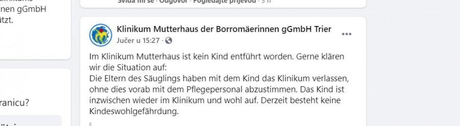 Bolnica je na svojoj Facebook stranici objavila kako nije bilo otmice