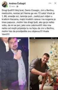 PRONAĐEN DENIS ČOŠAGIĆ IZ BERLINA: Njegova sestra Andrea Čošagić zahvaljuje za pronalazak brata