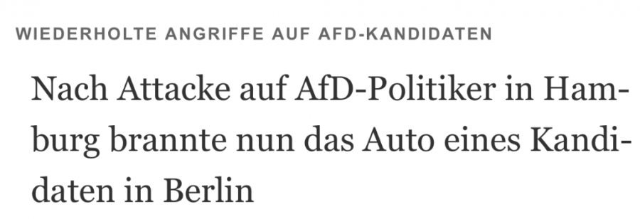 HAMBURG / BERLIN: Nakon napada skupine ljevičara na političare AfD-a u Hamburgu, automobil njihova kandidata za Bundestag zapaljen u Berlinu HAMBURG / BERLIN: Nakon napada skupine ljevičara na političare AfD-a u Hamburgu, automobil njihova kandidata za Bundestag zapaljen u Berlinu