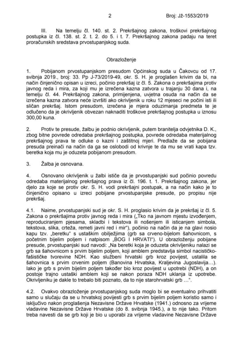 LEKCIJA SUTKINJI O HRVATSKOM GRBU: Visoki prekršajni sud RH poništio presudu zbog nošenja beretke s hrvatskim grbom i natpisom „Bog i Hrvati“