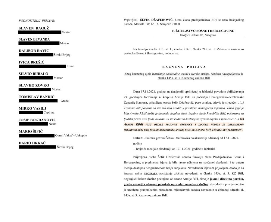 HRS podnio kaznenu prijavu protiv Šefika Džaferovića zbog izazivanje mržnje i netrpeljivosti