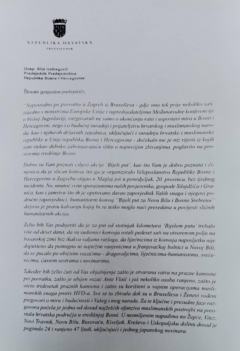 ARHIVSKI DOKUMENT: Tuđman pisao Izetbegoviću o Bijelom putu i pitao zašto je ubijen Ante Vlaić te zašto je konvoj doživio kalvariju bez presedana u povijesti humanitarnih akcija