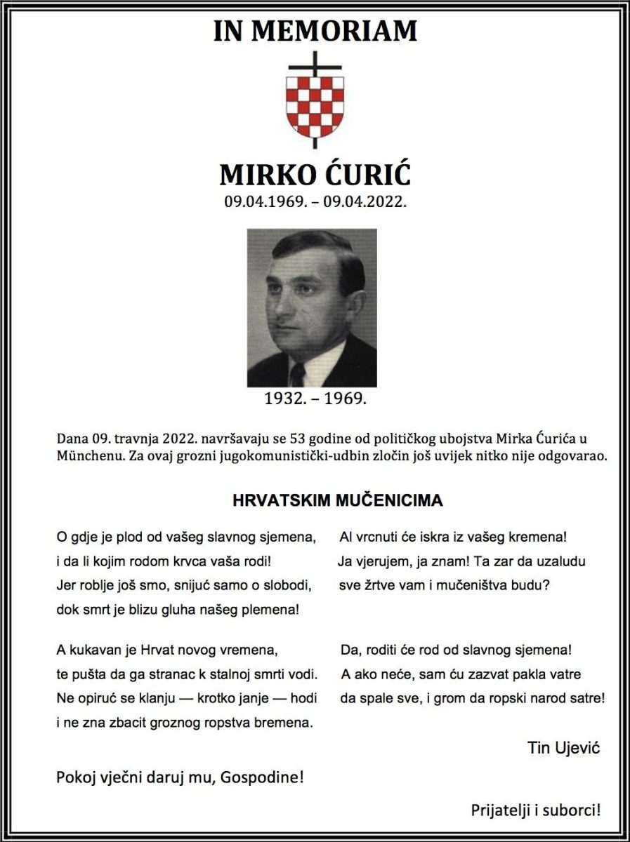 IN MEMORIAM: Prije 53 godine u Münchenu ubijen Mirko Ćurić – za to Udbino ubojstvo još nitko nije odgovarao IN MEMORIAM: Prije 53 godine u Münchenu ubijen Mirko Ćurić – za to Udbino ubojstvo još nitko nije odgovarao