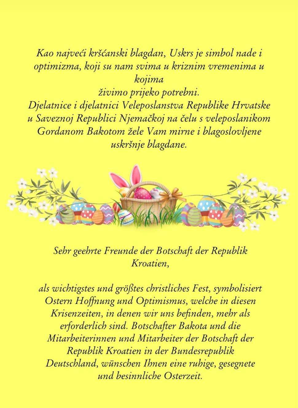 ČESTITKA U POVODU USKRSA: Veleposlanik Gordan Bakota i djelatnici Veleposlanstva RH u Njemačkoj čestitali Uskrs Hrvatima i prijateljima ČESTITKA U POVODU USKRSA: Veleposlanik Gordan Bakota i djelatnici Veleposlanstva RH u Njemačkoj čestitali Uskrs Hrvatima i prijateljima