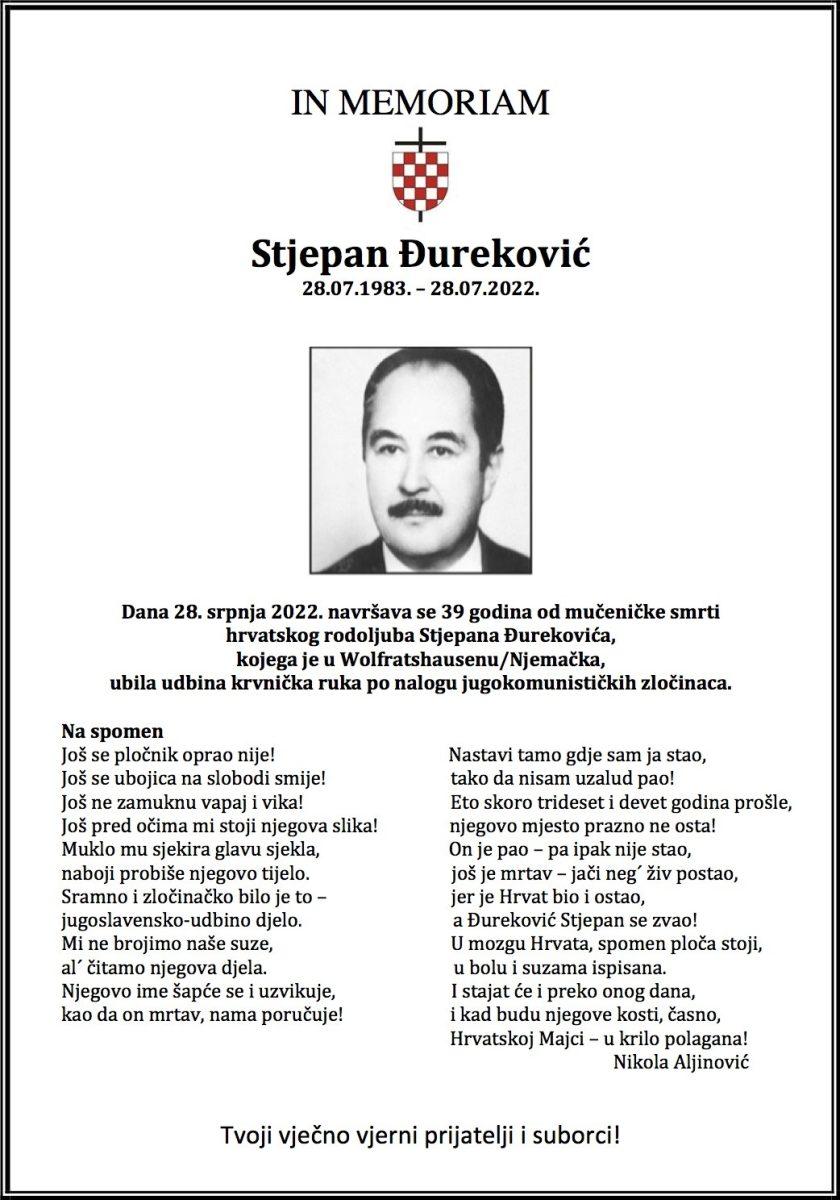 IN MEMORIAM: Danas se navršava 39 godina od ubojstva Stjepana Đurekovića (28.07.1983. – 28.07.2022.)