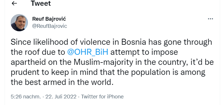 SULUDE BOŠNJAČKE PRIJETNJE RATOM: Reuf Bajrović poručuje da su muslimani u BiH među najbolje naoružanima na svijetu
