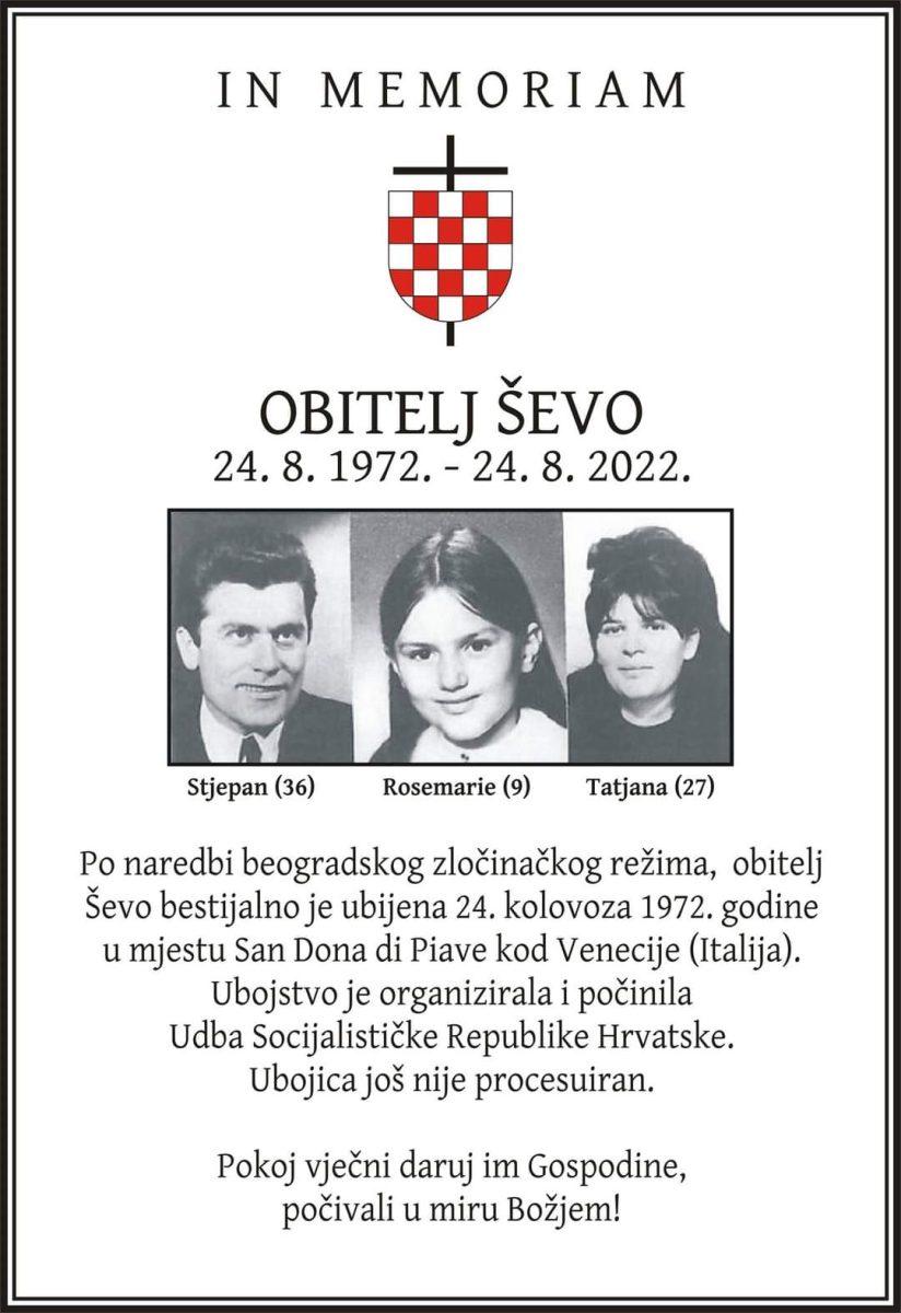 IN MEMORIAM - 50 GODINA OD UDBINA MUČKOG UBOJSTVA: Obitelji Stjepana Ševe i ubijenih hrvatskih domoljuba danas se otkriva spomen obilježje u Hamzićima