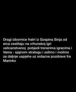 FRA MARINKO VUKMAN: Dragi izborniče, fratri iz Gospina Sinja od srca čestitaju na vrhunskoj igri i veličanstvenoj pobjedi