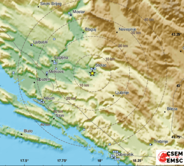ZATRESLO KOD STOCA: Potres jačina 3,7 stupnjeva po Richteru osjetio se u Mostaru i Dubrovniku ZATRESLO KOD STOCA: Potres jačina 3,7 stupnjeva po Richteru osjetio se u Mostaru i Dubrovniku