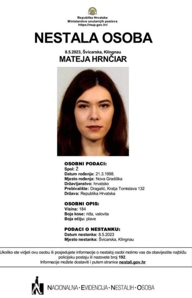U ŠVICARSKOJ NESTALA 25-GODIŠNJA HRVATICA: Objavljena je njezina fotografija i ime, policija moli stanovnike za pomoć u potrazi U ŠVICARSKOJ NESTALA 25-GODIŠNJA HRVATICA: Objavljena je njezina fotografija i ime, policija moli stanovnike za pomoć u potrazi