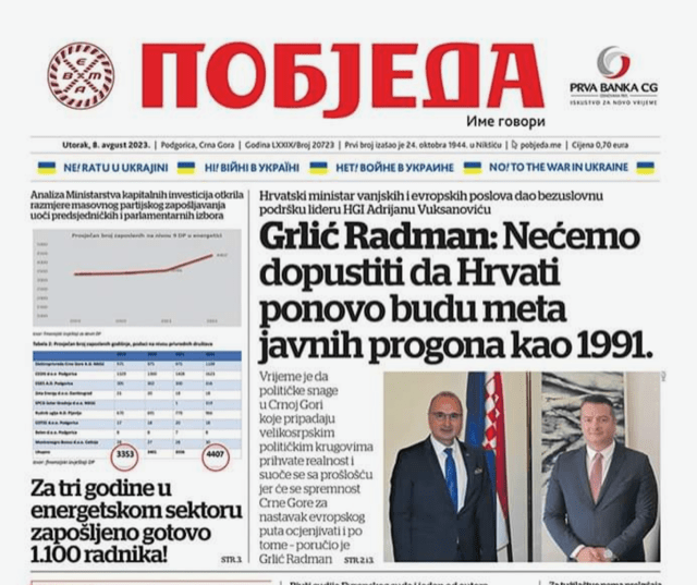 HRVATSKI MINISTAR ZA "POBJEDU": Nećemo dopustiti da Hrvati Crne Gore ponovno budu meta javnih progona kao 1991. godine HRVATSKI MINISTAR ZA "POBJEDU": Nećemo dopustiti da Hrvati Crne Gore ponovno budu meta javnih progona kao 1991. godine