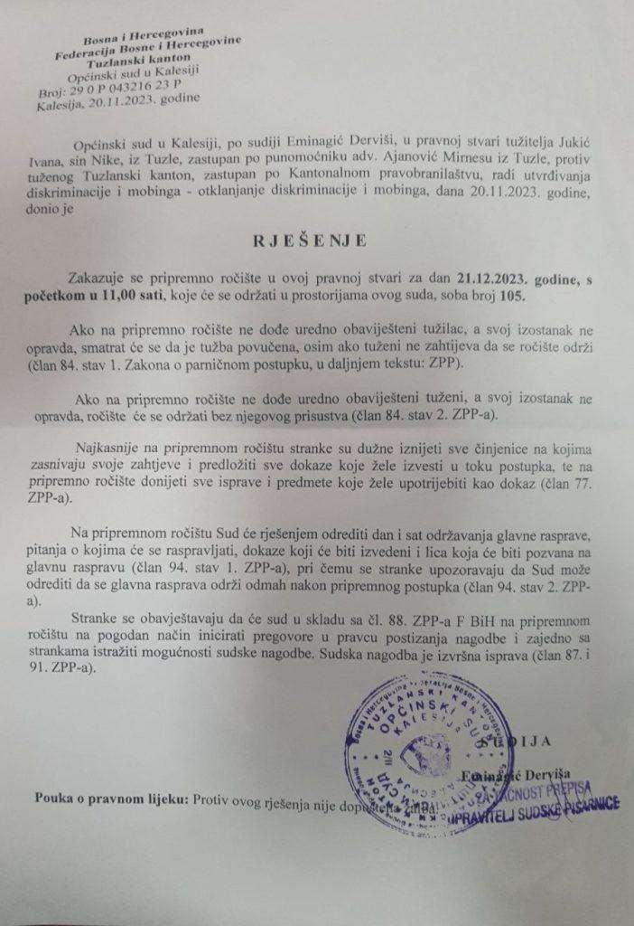 TUZLA: Ročište po tužbi pomoćnika ministra za "mobing i diskriminaciju" protiv tužene Tuzlanske županije