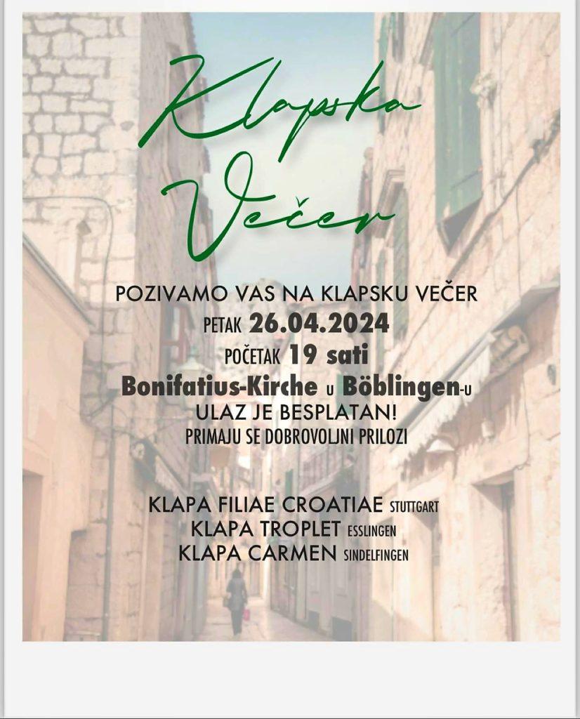 VEČERAS, 26. TRAVNJA: Klapska večer u Böblingenu VEČERAS, 26. TRAVNJA: Klapska večer u Böblingenu