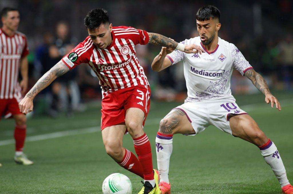 Detalj iz finalne utakmice Konferencijske lige između Olympiacosa i Fiorentine / Foto: Anadolu