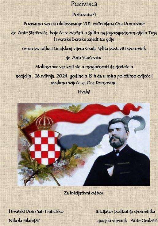SPLIT: Obilježavanje 201. rođendana Oca Domovine dr. Ante Starčevića Plakat