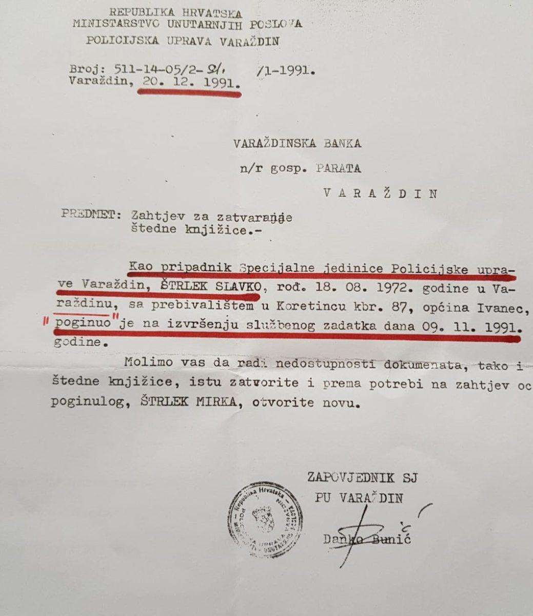 Potvrda o smrti/ Foto: Privatna arhiva Slavka Štrleka
