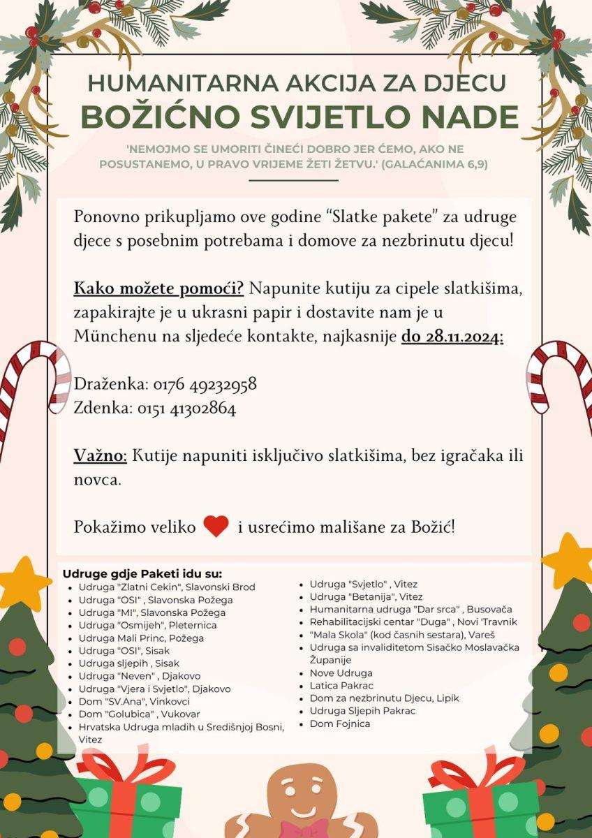 HUMANITARNA AKCIJA ZA DJECU BOŽIĆNO SVJETLO NADE: Prikupljanje "Slatkih paketa" u Münchenu za djecu u Hrvatskoj i BiH HUMANITARNA AKCIJA ZA DJECU BOŽIĆNO SVJETLO NADE: Prikupljanje "Slatkih paketa" u Münchenu za djecu u Hrvatskoj i BiH
