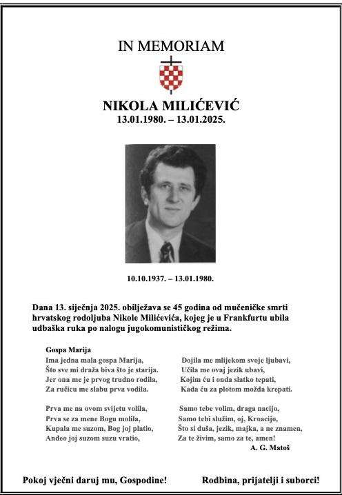 PRIJE 45 GODINA UBIJEN JEDAN OD OSNIVAČA "UJEDINJENIH HRVATA U NJEMAČKOJ": Nikola Miličević – Beban ubijen u Frankfurtu PRIJE 45 GODINA UBIJEN JEDAN OD OSNIVAČA "UJEDINJENIH HRVATA U NJEMAČKOJ": Nikola Miličević – Beban ubijen u Frankfurtu