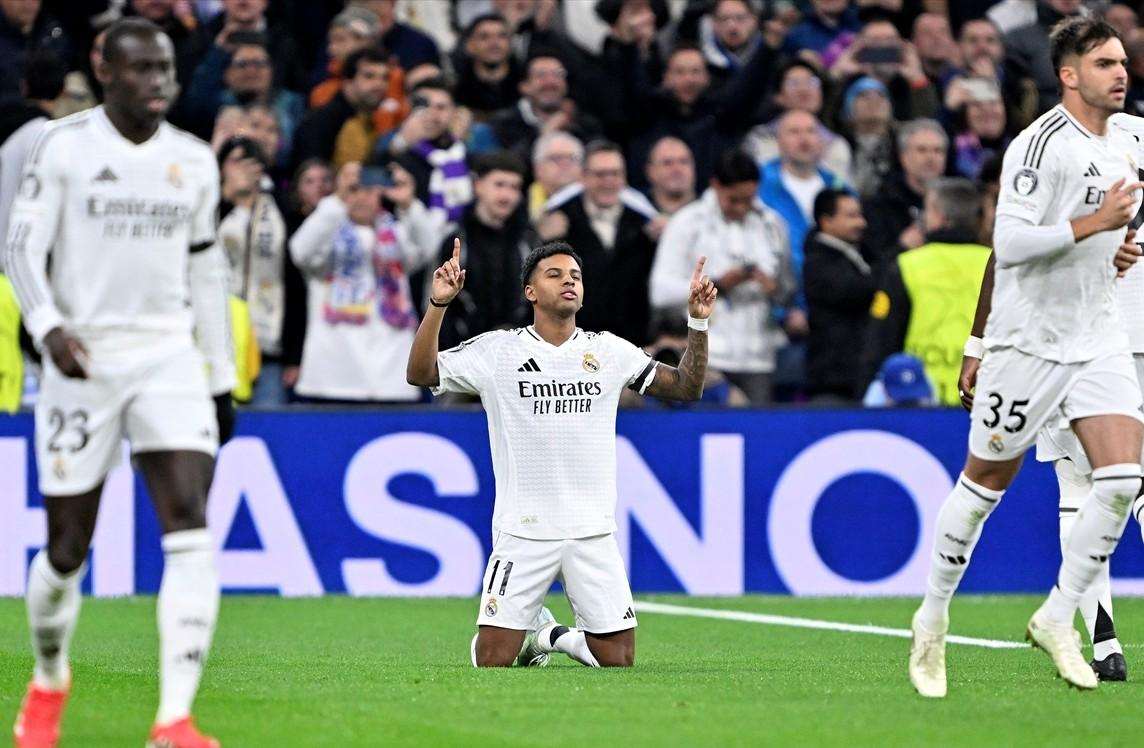 REZULTATI LIGE PRVAKA: Real na Bernabeu bolji od Atletica, Arsenal u gostima sa 7:1 potopio PSV, Borussia (D) remizirala sa Lilleom Rodrygo slavi pogodak / Foto: Anadolu