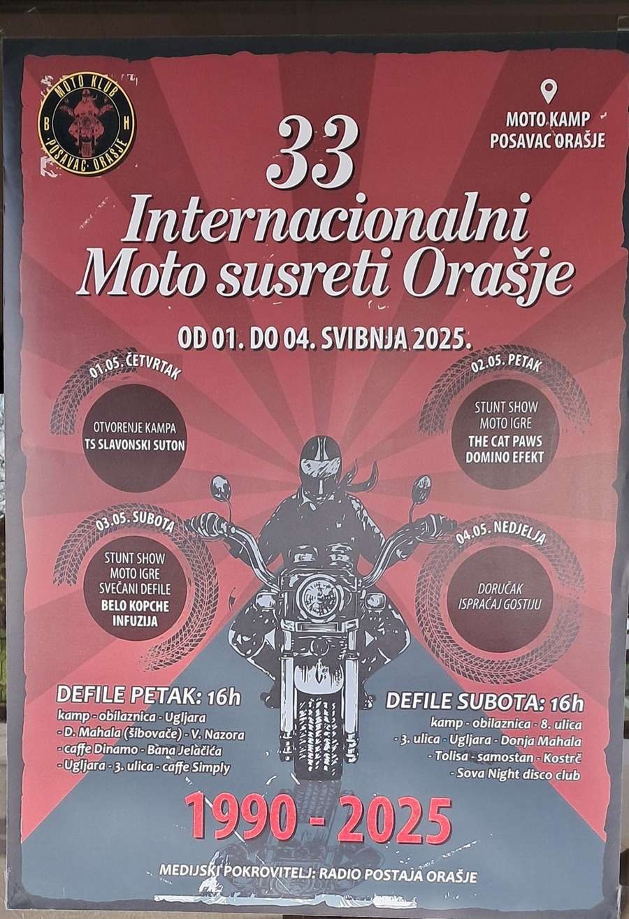 33. MEĐUNARODNI SUSRET MOTORISTA ORAŠJE 2025.: Orašje ponovno domaćin tisućama motorista iz cijelog svijeta 33. međunarodni susret motorista / Foto: MK "Posavac" Orašje