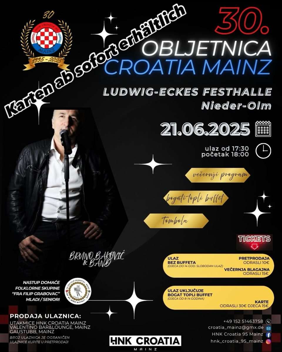 VEČERAS, 21. LIPNJA, U NIEDER-OLMU VELIKA PROSLAVA: HNK Croatia Mainz slavi svoju 30. godišnjicu