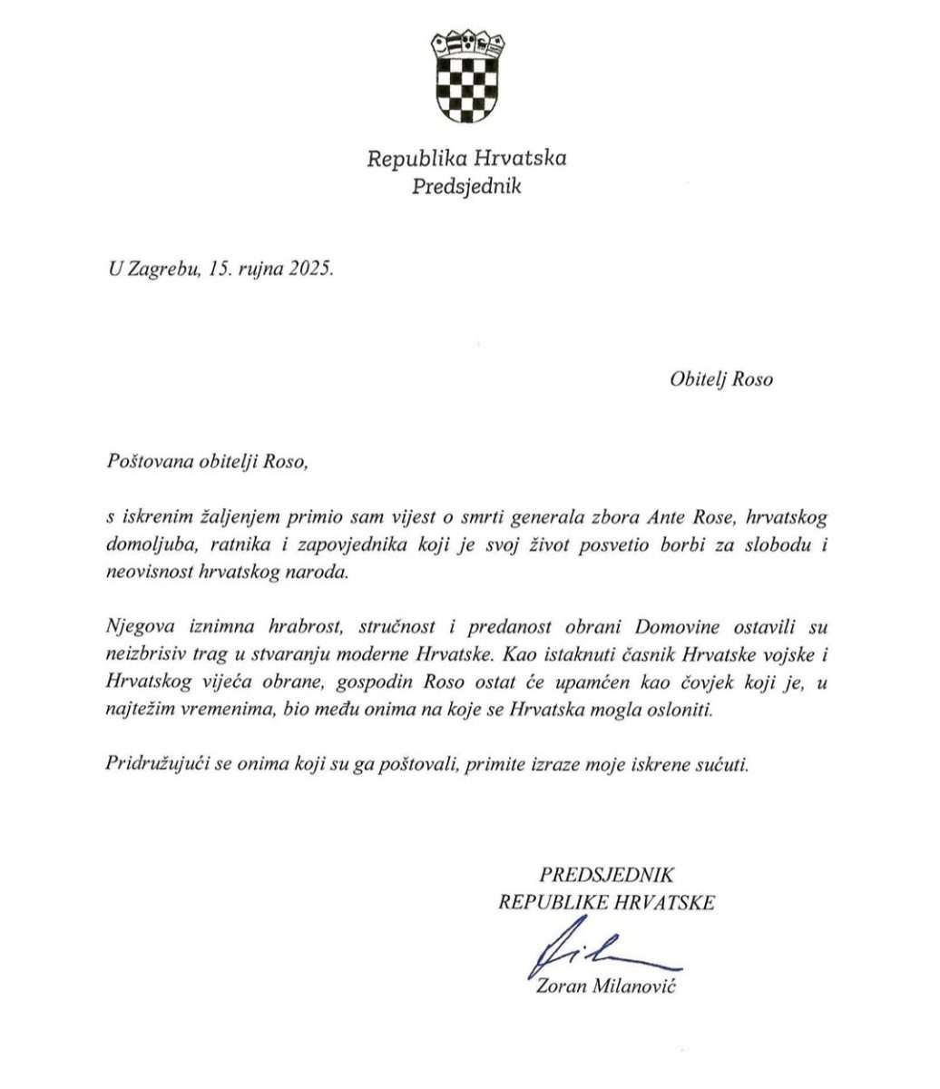 Predsjednik Milanović je uputio izraze sućuti obitelji generala Ante Rose