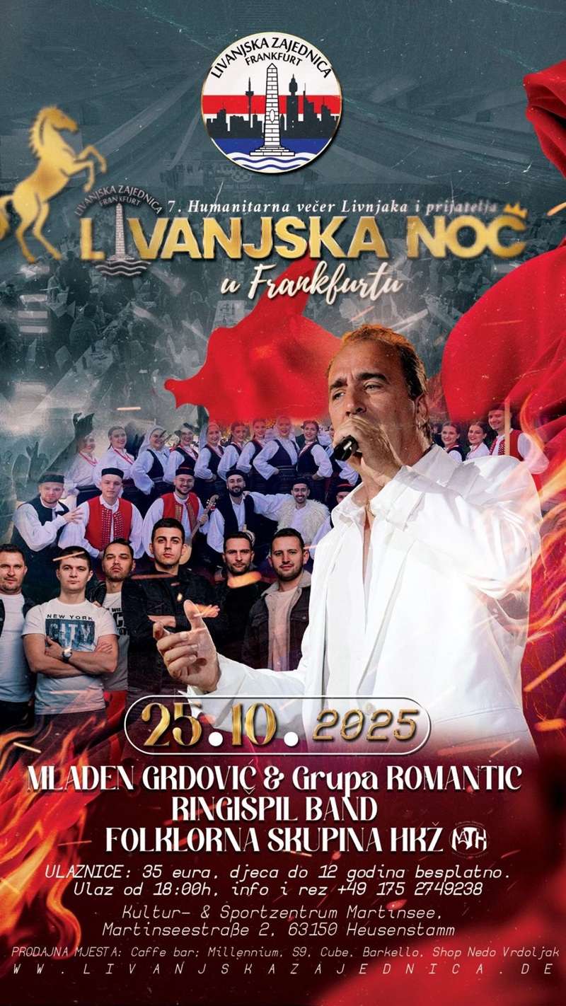 LIVANJSKA NOĆ U FRANKFURTU: Srce Livna kuca i u Njemačkoj, a za dobru atmosferu pobrinut će se Mladen Grdović i Ringišpil LIVANJSKA NOĆ U FRANKFURTU: Srce Livna kuca i u Njemačkoj, a za dobru atmosferu pobrinut će se Mladen Grdović i Ringišpil