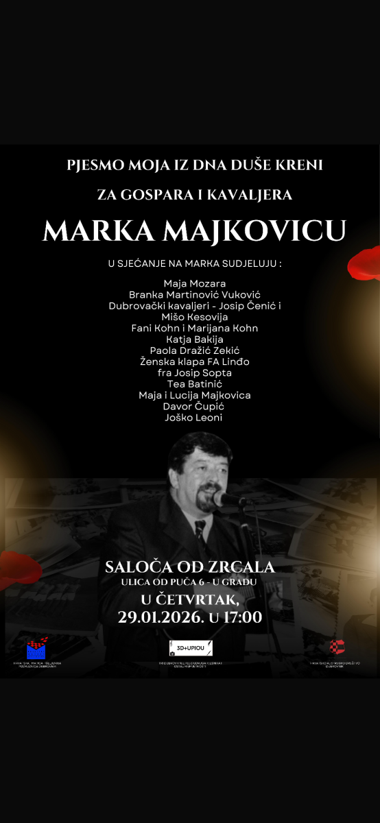 KOMEMORACIJA U SALOČI OD ZRCALA: Prijatelji i kolege odaju počast preminulom dubrovačkom glazbeniku - Marku Majkovicu KOMEMORACIJA U SALOČI OD ZRCALA: Prijatelji i kolege odaju počast preminulom dubrovačkom glazbeniku - Marku Majkovicu