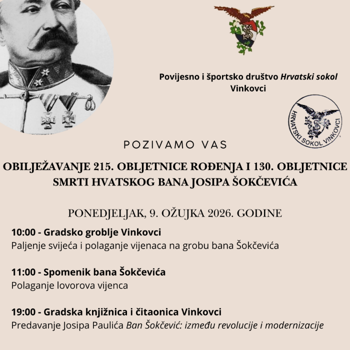 SVEČANOST U VINKOVCIMA: Obilježavanje 215. obljetnice rođenja i 130. obljetnice smrti hrvatskog bana Josipa Šokčevića SVEČANOST U VINKOVCIMA: Obilježavanje 215. obljetnice rođenja i 130. obljetnice smrti hrvatskog bana Josipa Šokčevića