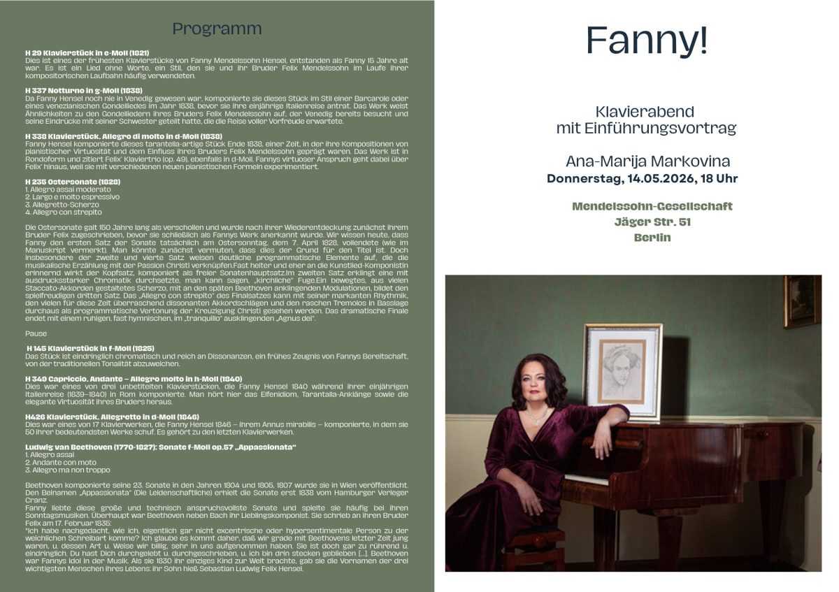 KONCERT PIJANISTICE ANE-MARIJE MARKOVINE U BERLINU: Hommage obitelji Mendelssohn i Beethovenovoj strasti KONCERT PIJANISTICE ANE-MARIJE MARKOVINE U BERLINU: Hommage obitelji Mendelssohn i Beethovenovoj strasti
