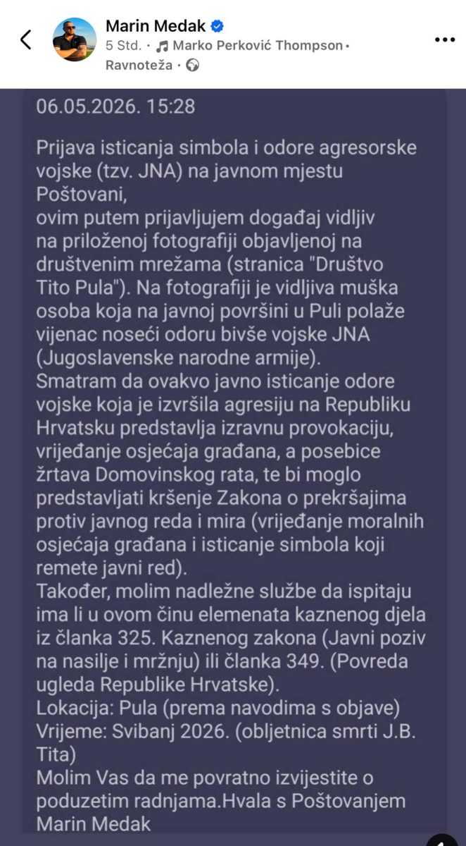 TRAŽE ŽURNU REAKCIJU POLICIJE: Muškarac u odori tzv. JNA položio vijenac ispred Titove biste u Puli