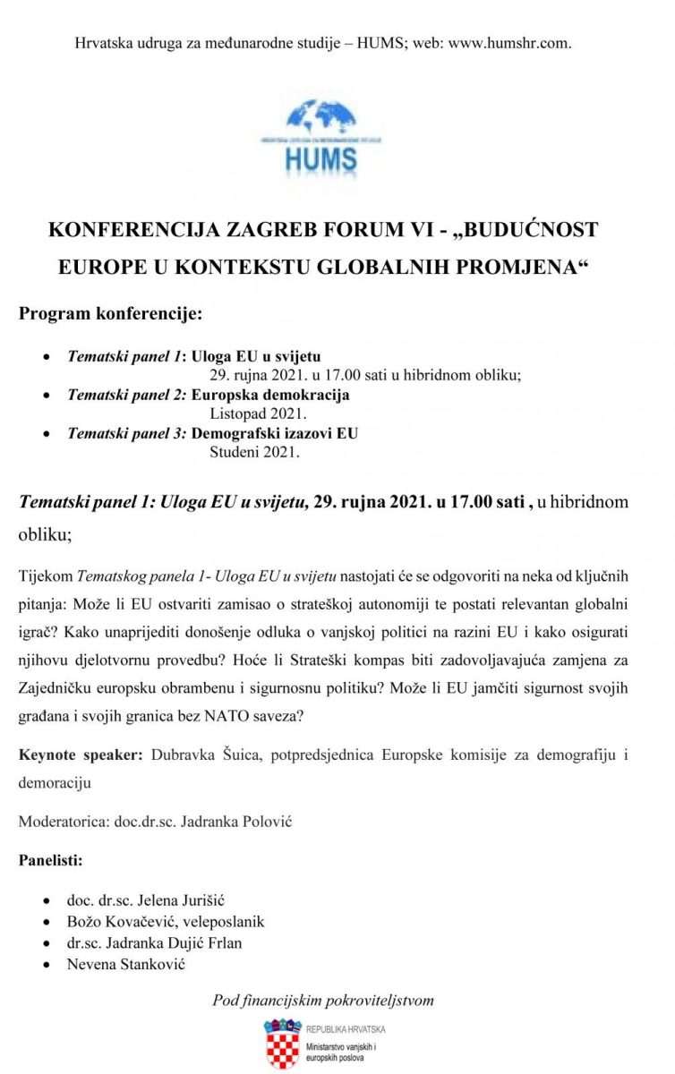 KONFERENCIJA OD RUJNA DO PROSINCA: Zagreb Forum VI – „Budućnost Europe u kontekstu globalnih promjena“