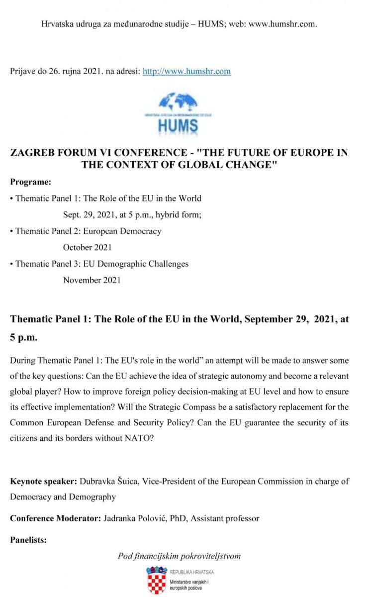 KONFERENCIJA OD RUJNA DO PROSINCA: Zagreb Forum VI – „Budućnost Europe u kontekstu globalnih promjena“