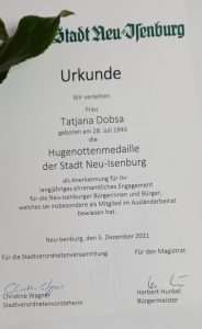 VRIJEDNO PRIZNANJE TATJANI DOBSA: Grad Neu-Isenburg uručio "Hugenottenmedaille" za dugogodišnji humanitarni rad