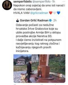 Ministar Grlić Radman u Grabovici odao počast za nedužno ubijene 33 hrvatske civilne žrtve