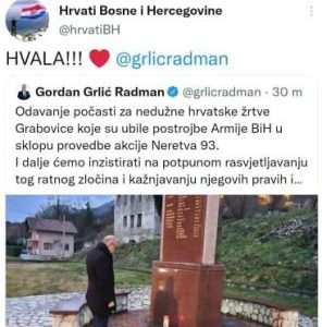 Ministar Grlić Radman u Grabovici odao počast za nedužno ubijene 33 hrvatske civilne žrtve