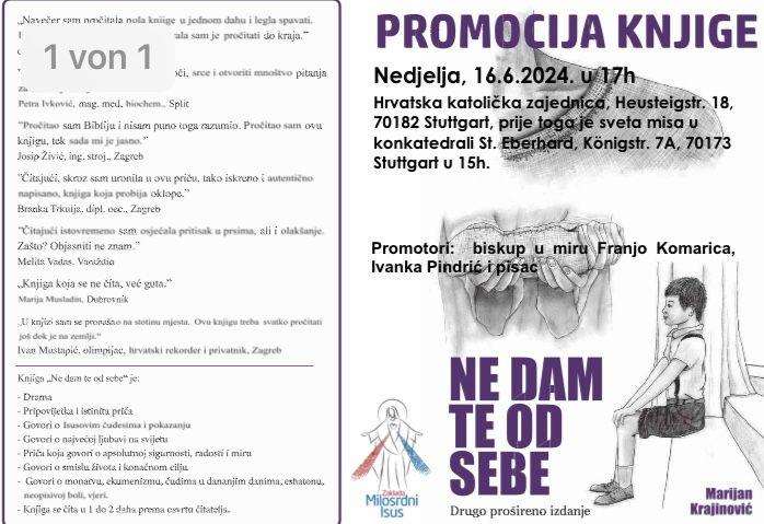 U NEDJELJU, 16. LIPNJA, U STUTTGARTU: Biskup u miru mons. Franjo Komarica predstavit će knjigu "Ne dam te od sebe" autora Marijana Krajinovića Promocija drugog izdanja knjige "Ne dam te od sebe"